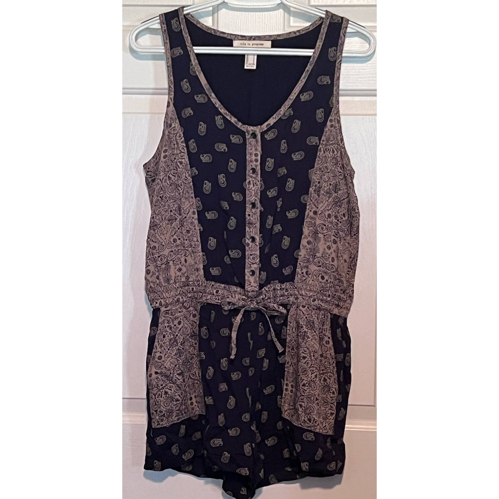 Life‎ is Progress Women's Blue Tan Sleeveless Romper Front Back Pockets Size S
